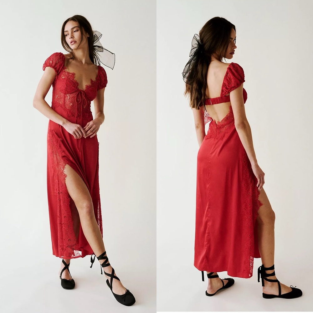 For Love And Lemons Casey Red Lace Maxi Dress